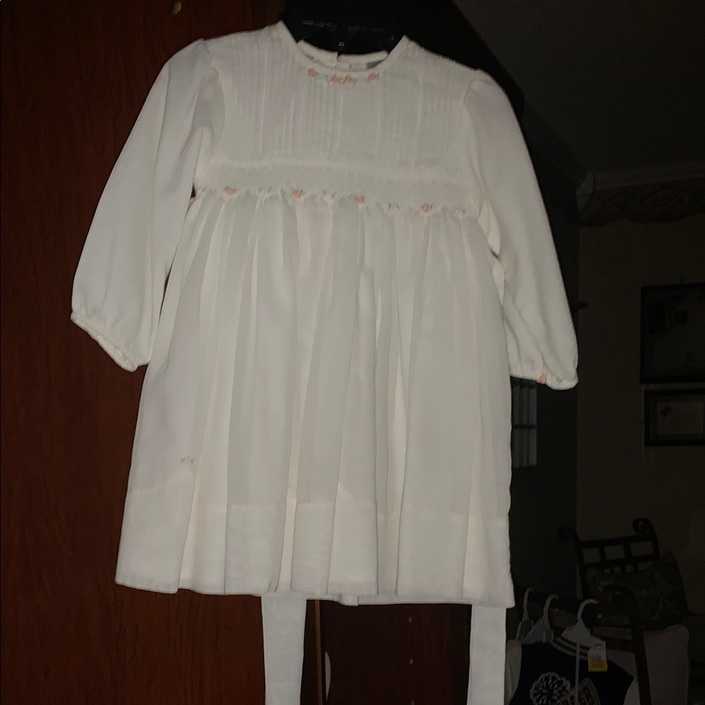 Girls' White Long-Sleeve Smocked Dress Top